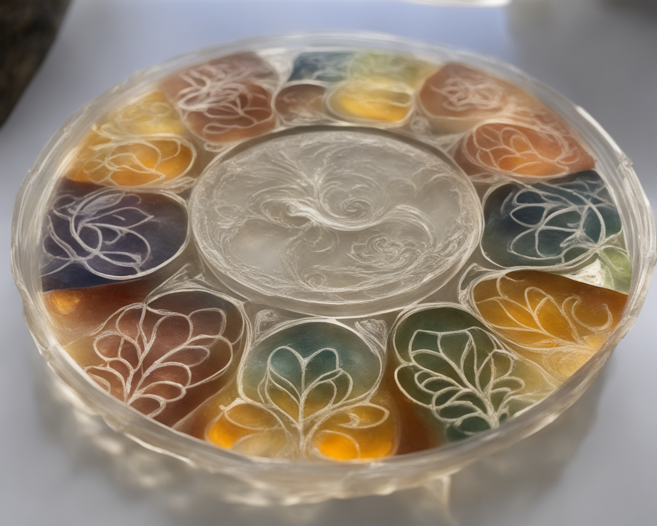 A circular glass plate with colorful designs

AI-generated content may be incorrect.