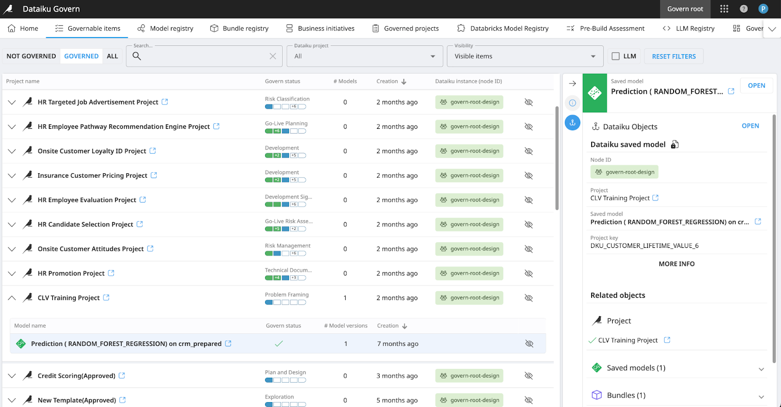 dataiku govern model and bundle registry