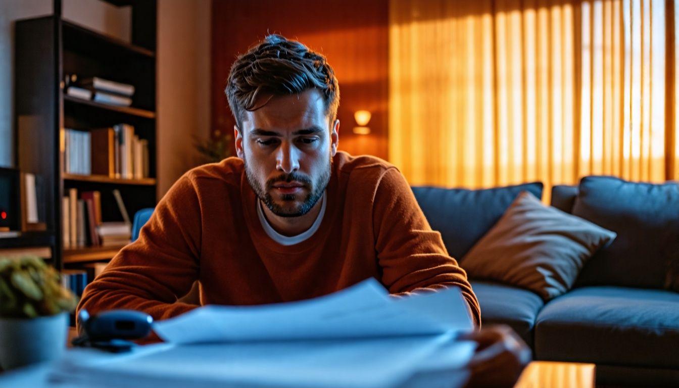 Frustrated man surrounded by legal documents and long hold time.