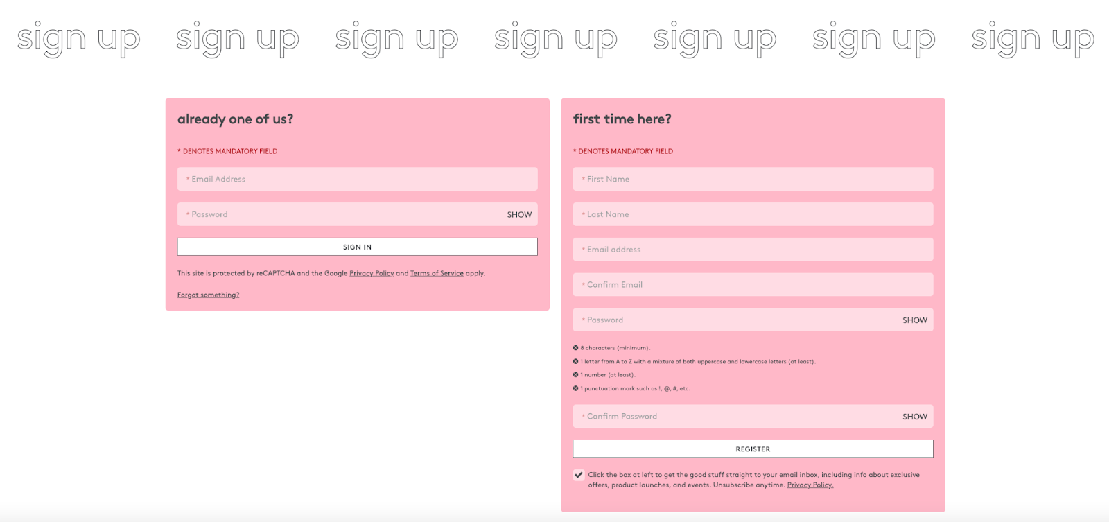 Screenshot of Drunk Elephant’s account registration with zero-party data collection | Salsify