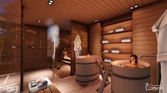 This contains an image of: Finnish sauna with wooden tub