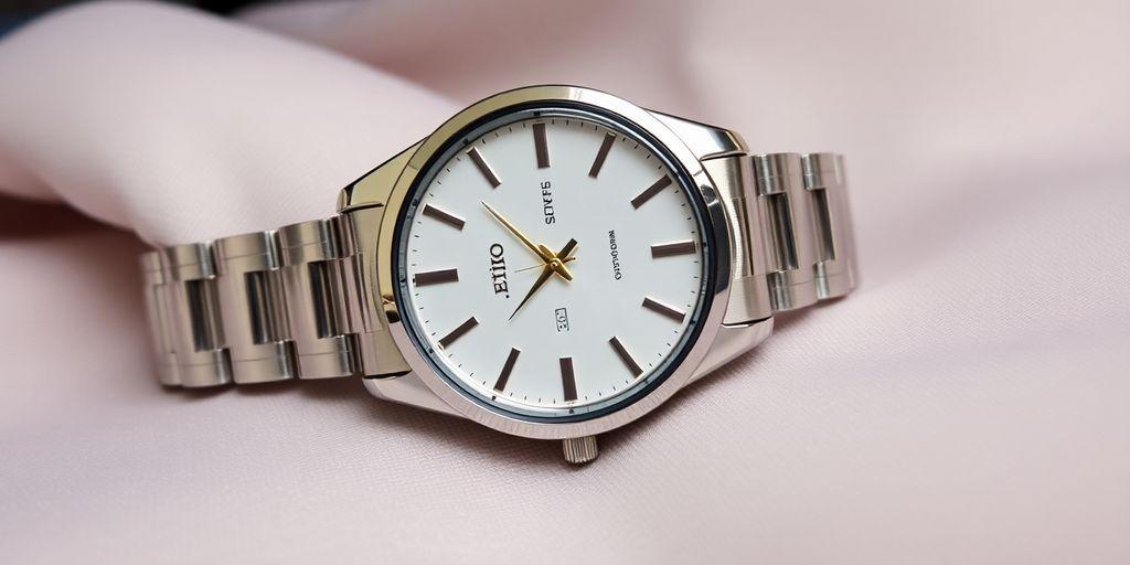 Elegant Seiko watch on soft fabric background.