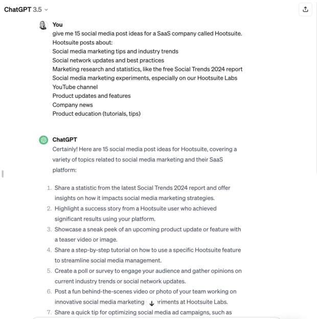Chat GPT 15 social media post ideas for SaaS company Hootsuite