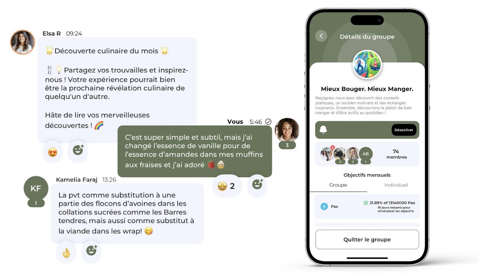 Capture d'écran d'une conversation de groupe sur l'application de bien-être KoalaPro, avec des messages sur des découvertes culinaires et des astuces de substitution d'ingrédients.