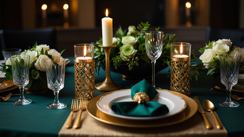 Black Table Cloth Green Waterfall Napkins Gold Charger