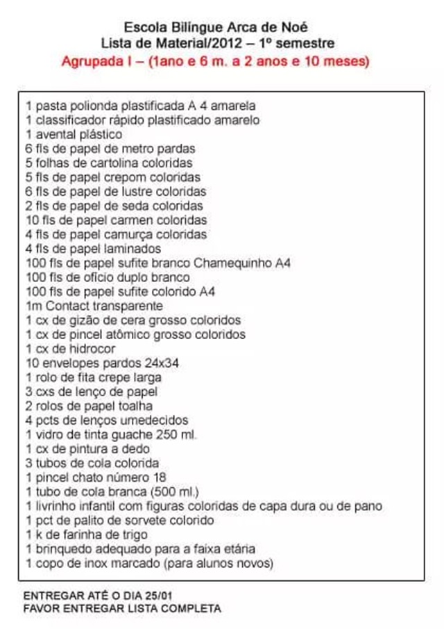 Lista de material educação infantil