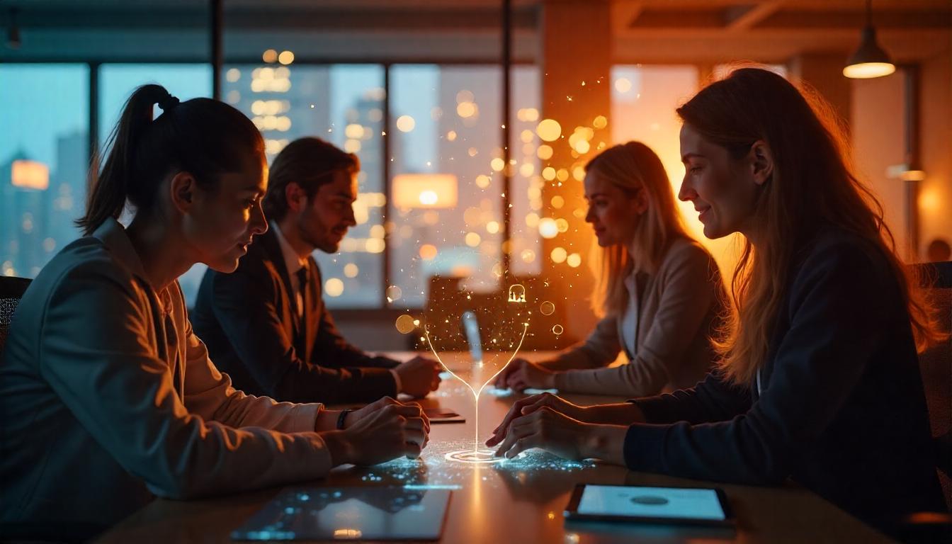 The group collaborating around the interactive display, with its vibrant, holographic elements, illustrates how Managed Security Service Providers (MSSPs) can adjust security services demands of growing businesses. The MSSP's ability to tailor its solutions to the specific needs of this team symbolizes its responsiveness to the changing security requirements of enterprises.