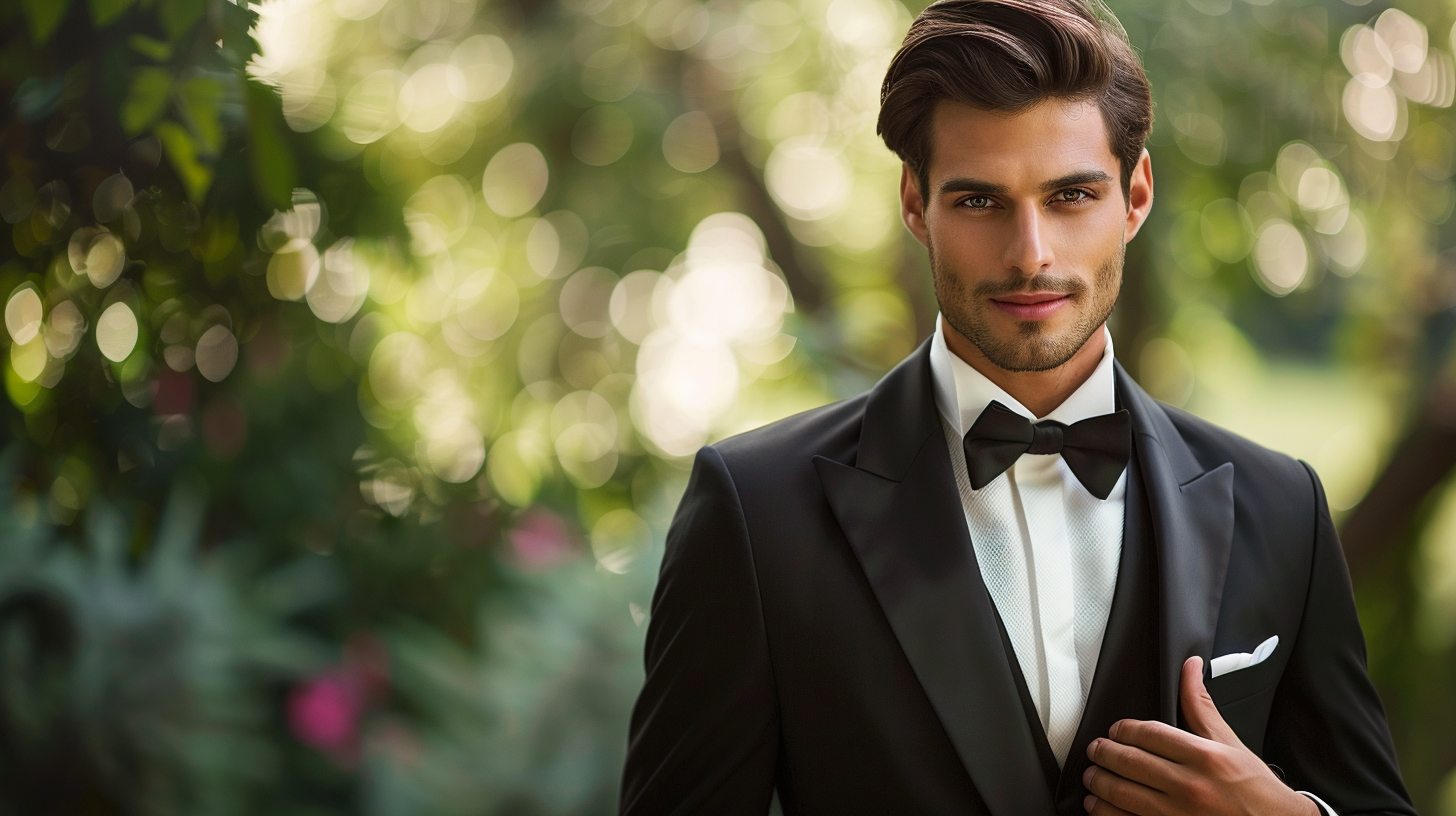 A man in a modern tuxedo with notch lapels, slightly casual black-tie look, clean and stylish, in a contemporary event setting.
