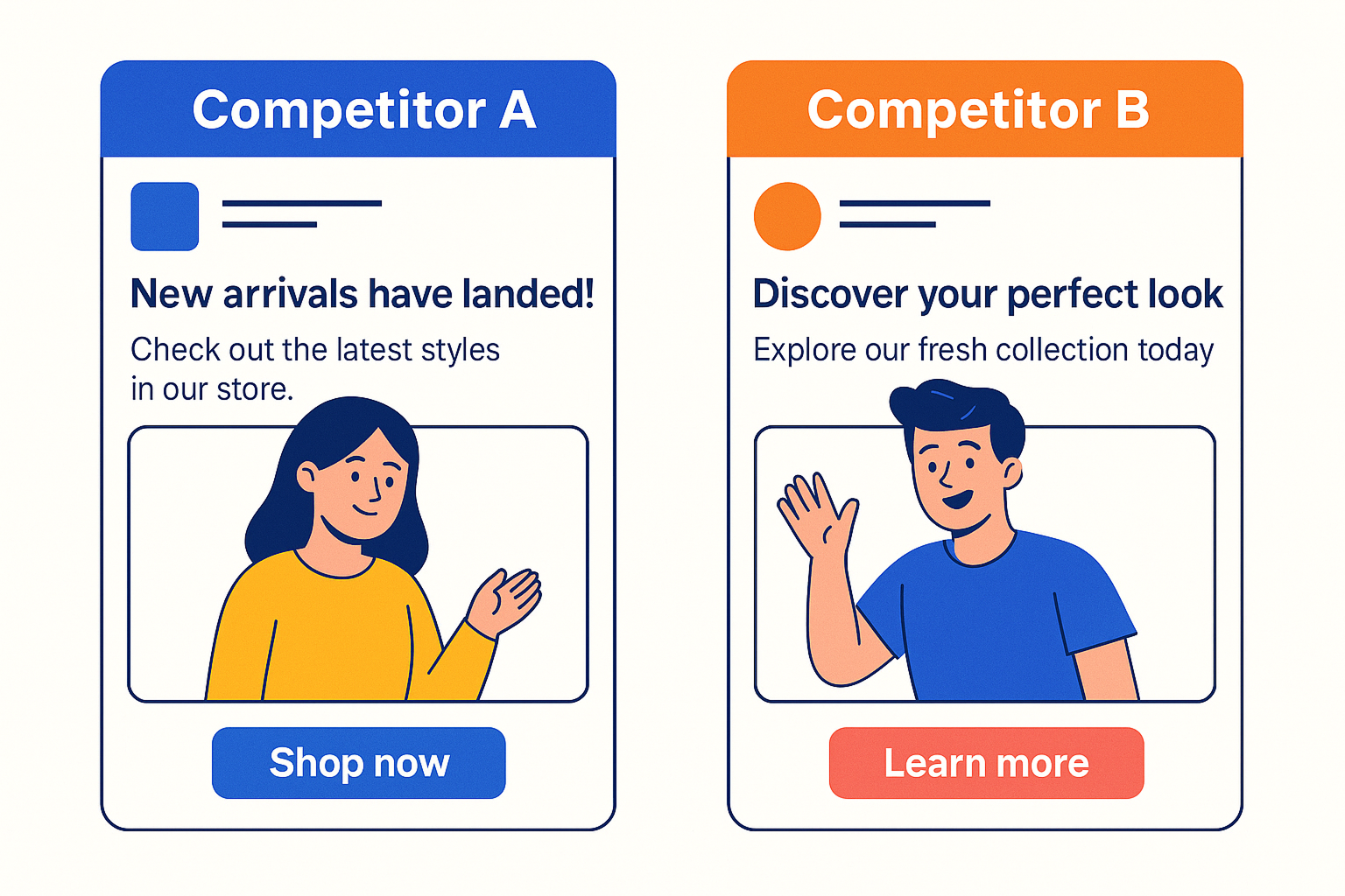 A graphic comparing two example competitor ads side by side