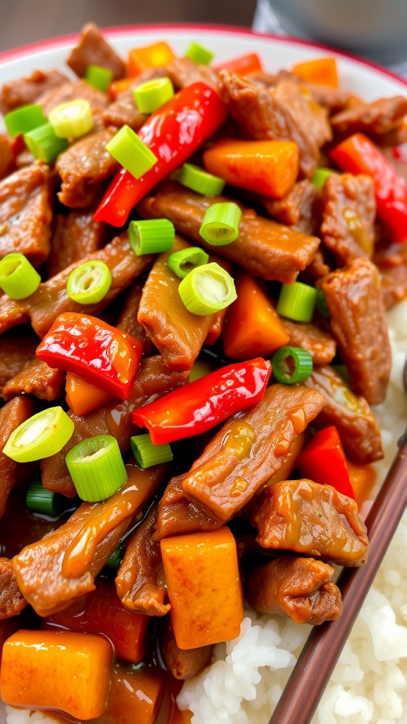 A delicious serving of crispy chilli beef with sweet chilli sauce and colorful bell peppers on a plate, with a side of rice.