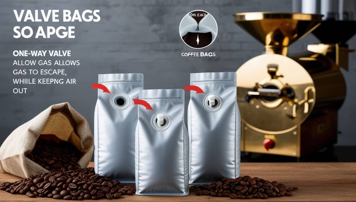 Three silver foil coffee bags with one-way valves are shown on a wooden table. A burlap sack filled with coffee beans is placed behind them. The bags feature a circular cutout with a small valve, designed to allow gas to escape while keeping air out. The text "VALVE BAGS SO APGE" and "ONE-WAY VALVE" is written on the image. How to Open a Coffee Bag