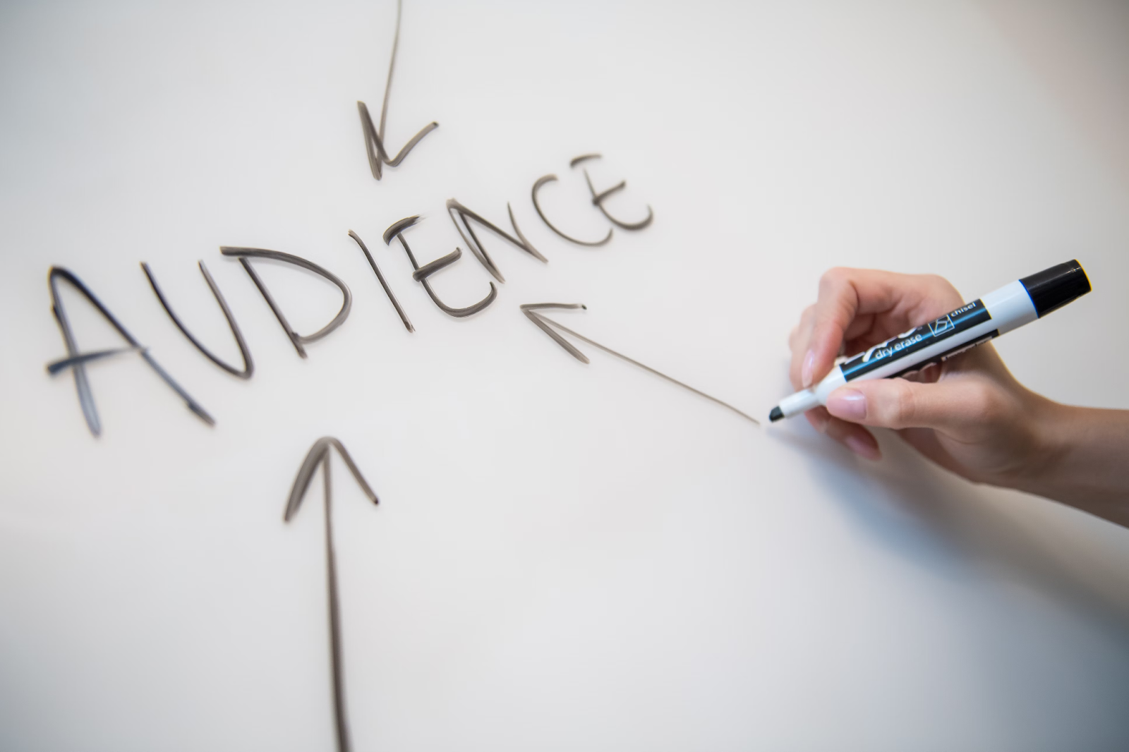A person writing the word "audience"