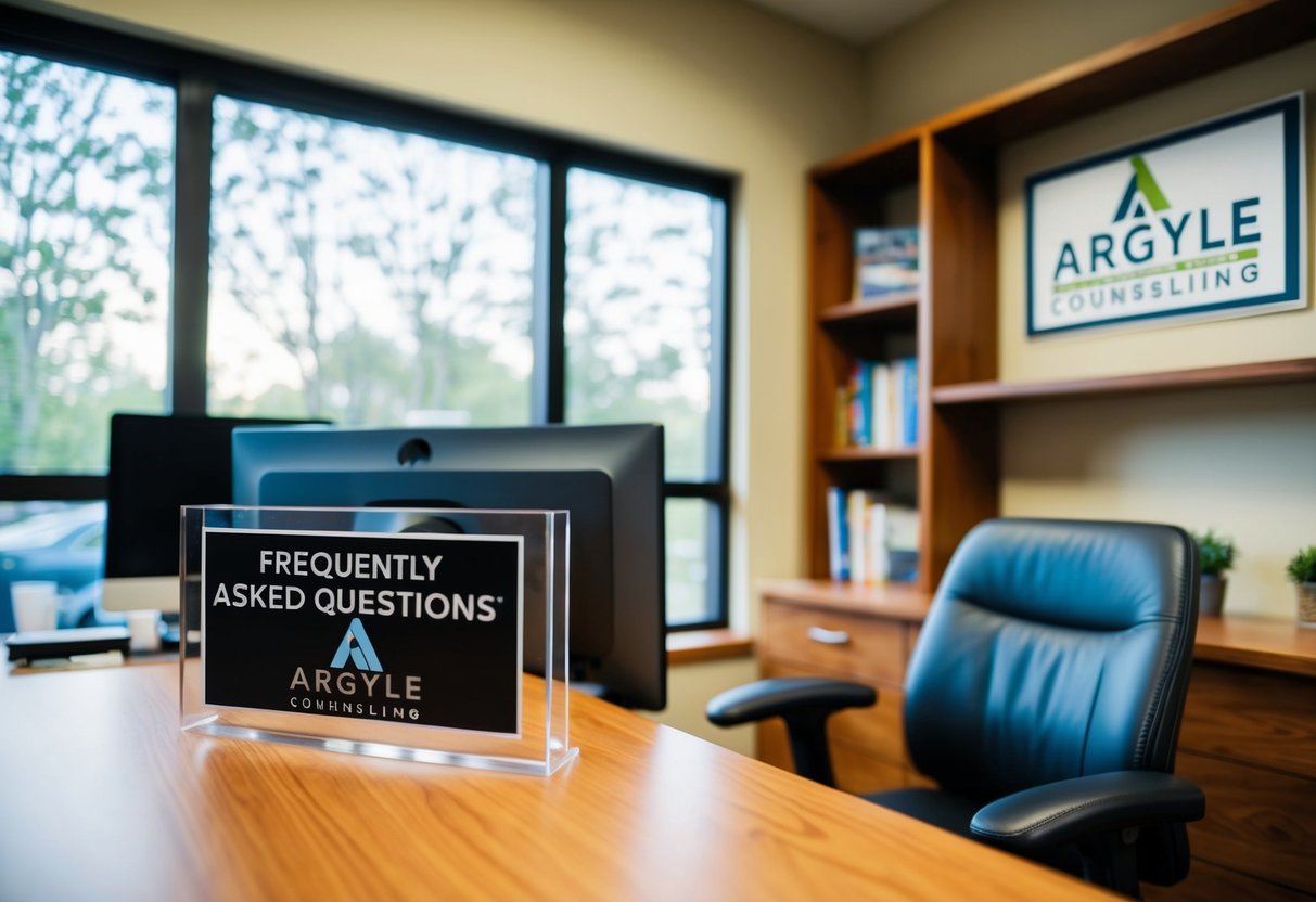 A cozy office with a desk, chair, and bookshelf. A sign with "Frequently Asked Questions" and the logo for Argyle Counseling