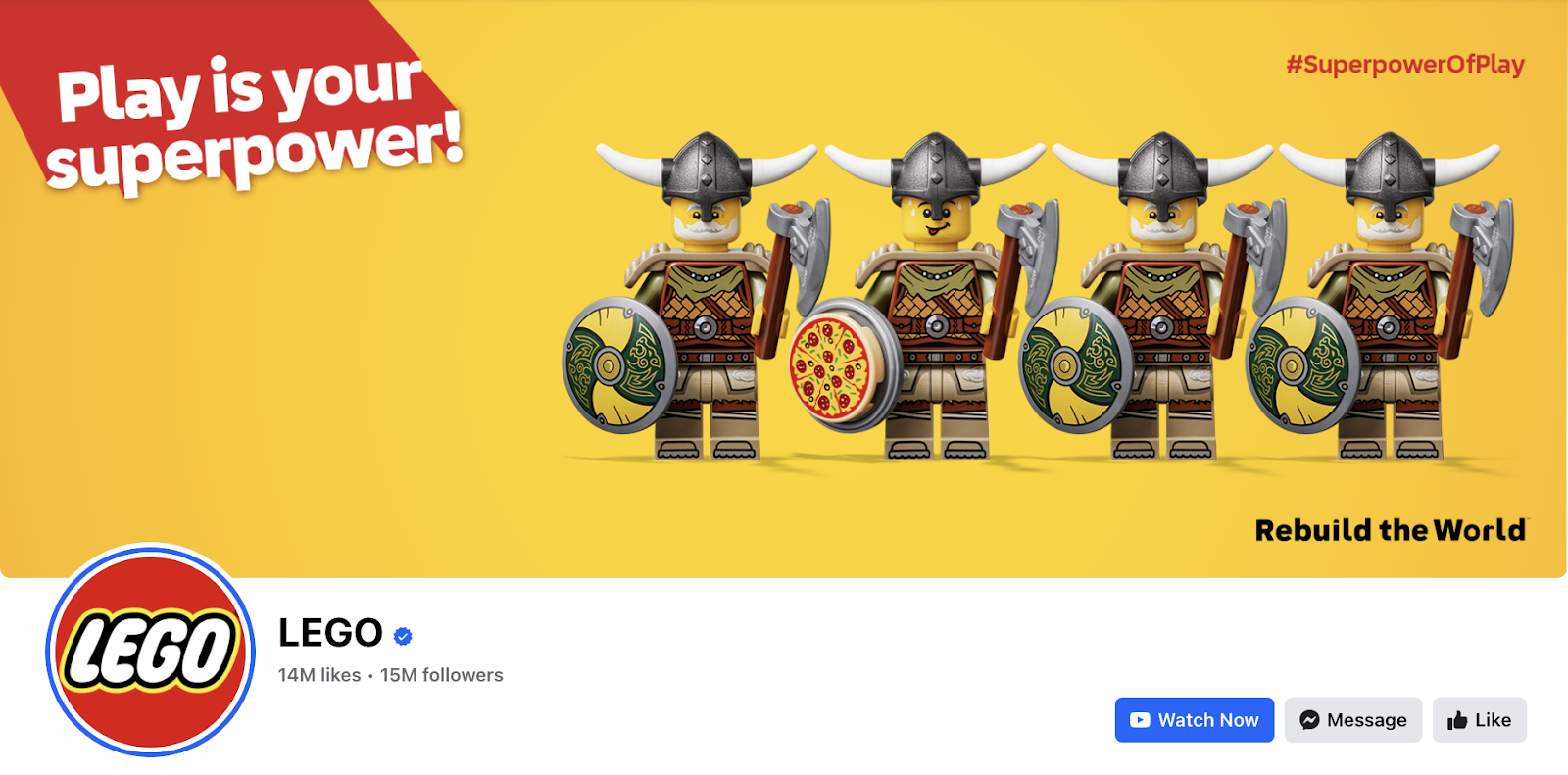 Lego's Facebook cover photo featuring viking Lego characters, and the hashtag #SuperpowerOfPlay.