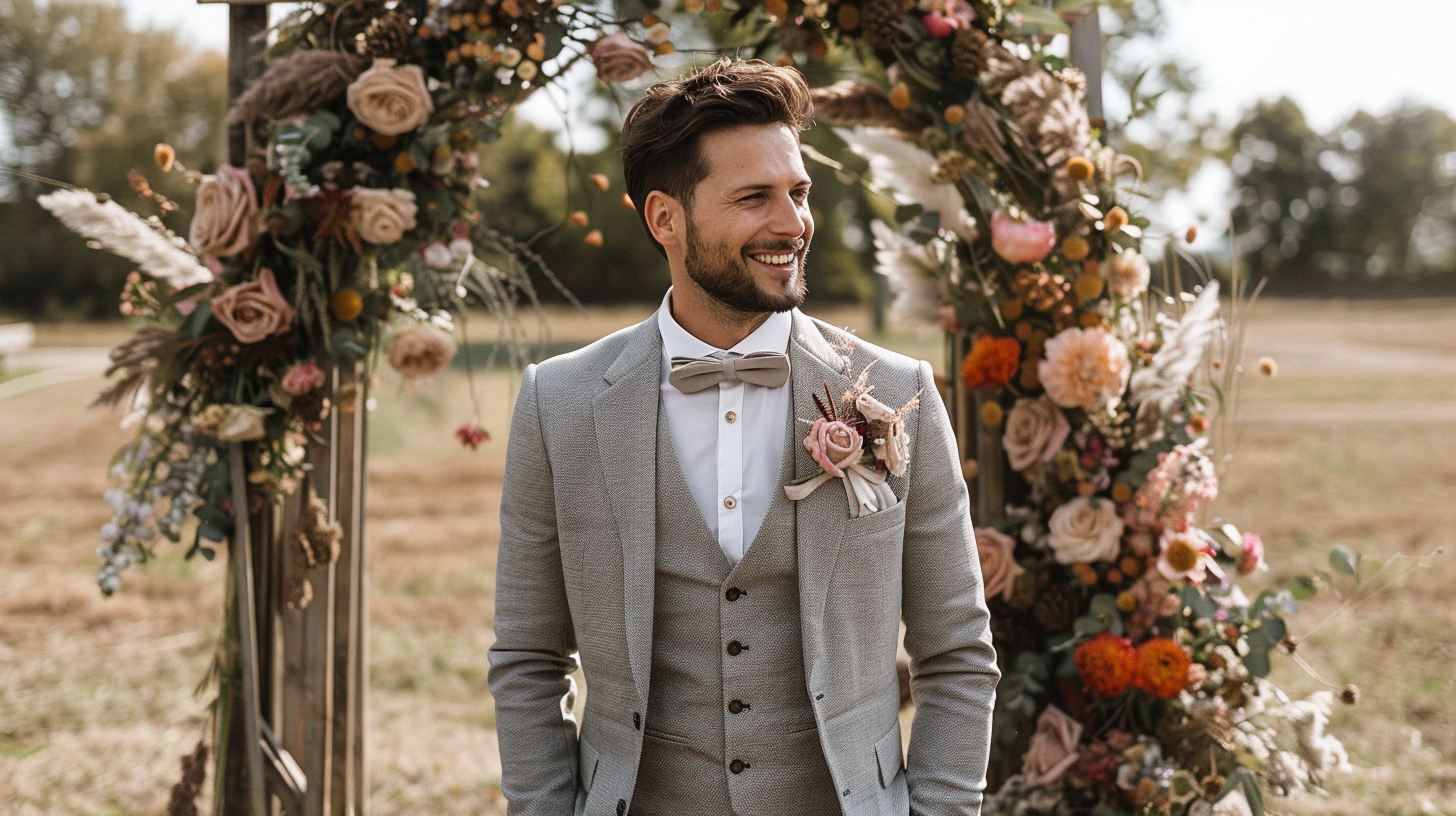 A groom in a modern slim-fit light gray suit with a matching vest, standing in front of a floral wedding arch with a relaxed yet polished look, white shirt, pocket square, no tie, smiling outdoors