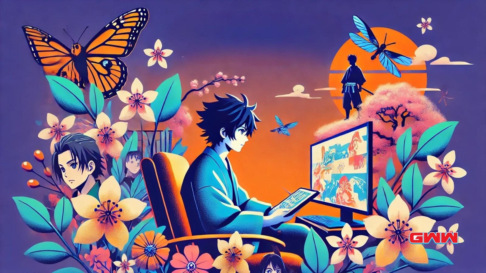 Anime fan enjoying ad-free anime streaming with vibrant flowers and butterflies.