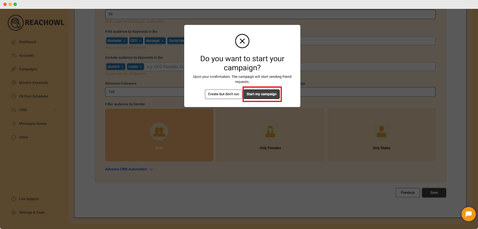 start reachowl campaing