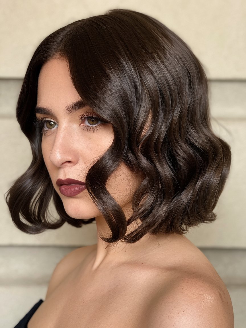 67. Dark Chocolate Wavy Bob with Glossy Finish