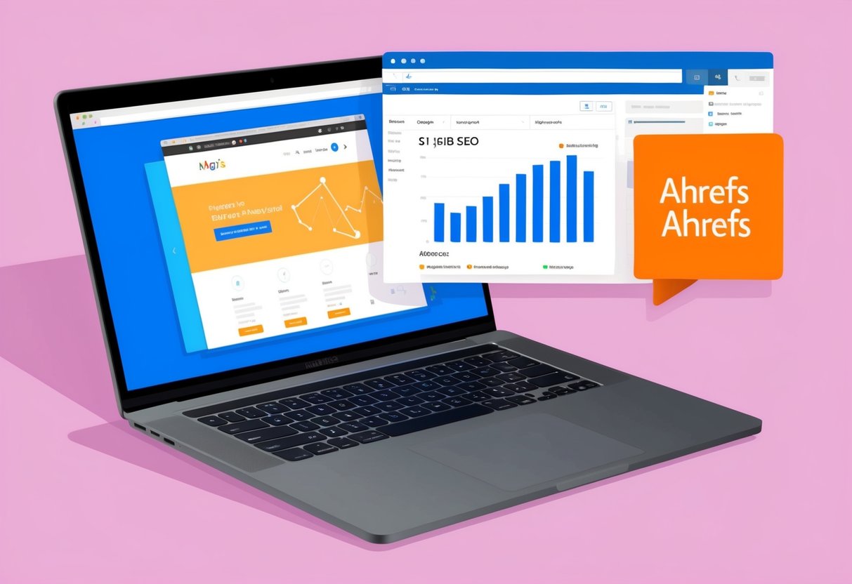A laptop with an open browser displaying an ecommerce site, with a tab open to Ahrefs for on-page SEO analysis