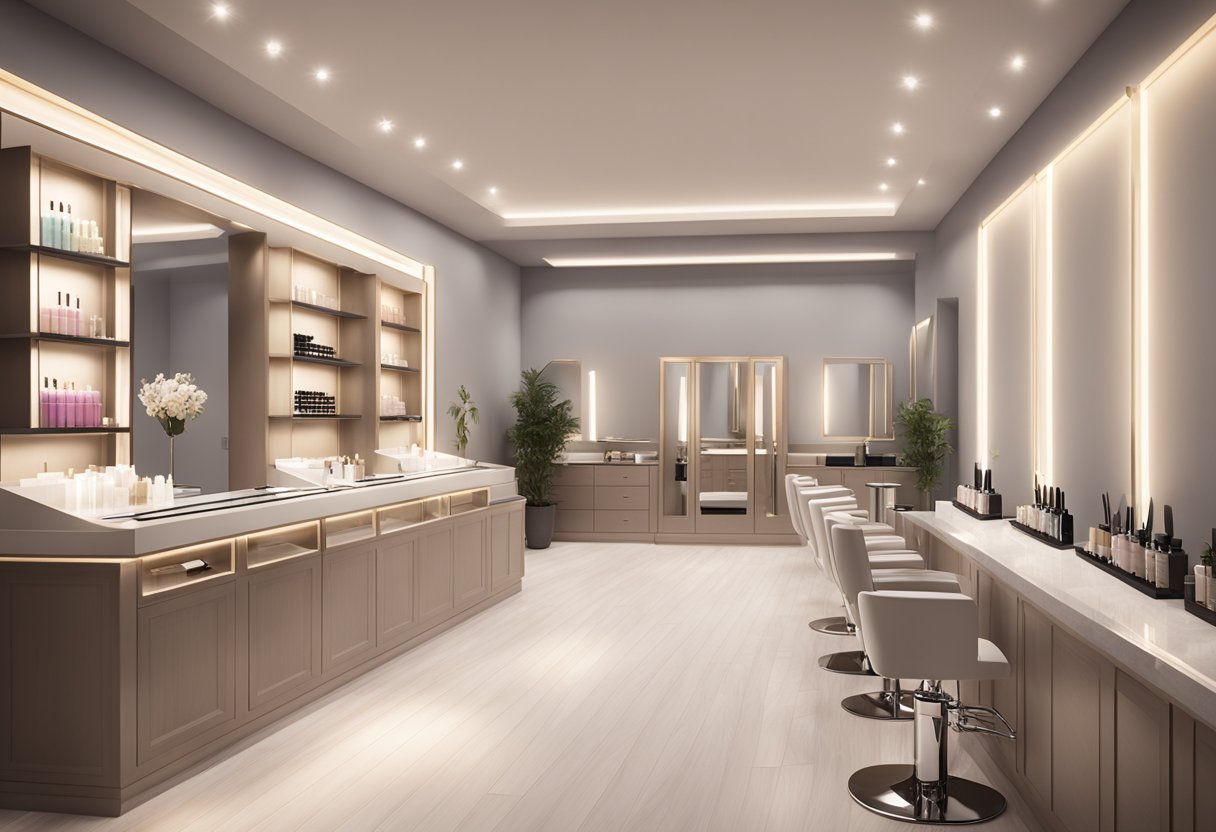 A serene salon setting with various lash extension options displayed on a clean, modern counter. Soft lighting highlights the elegant packaging and product details