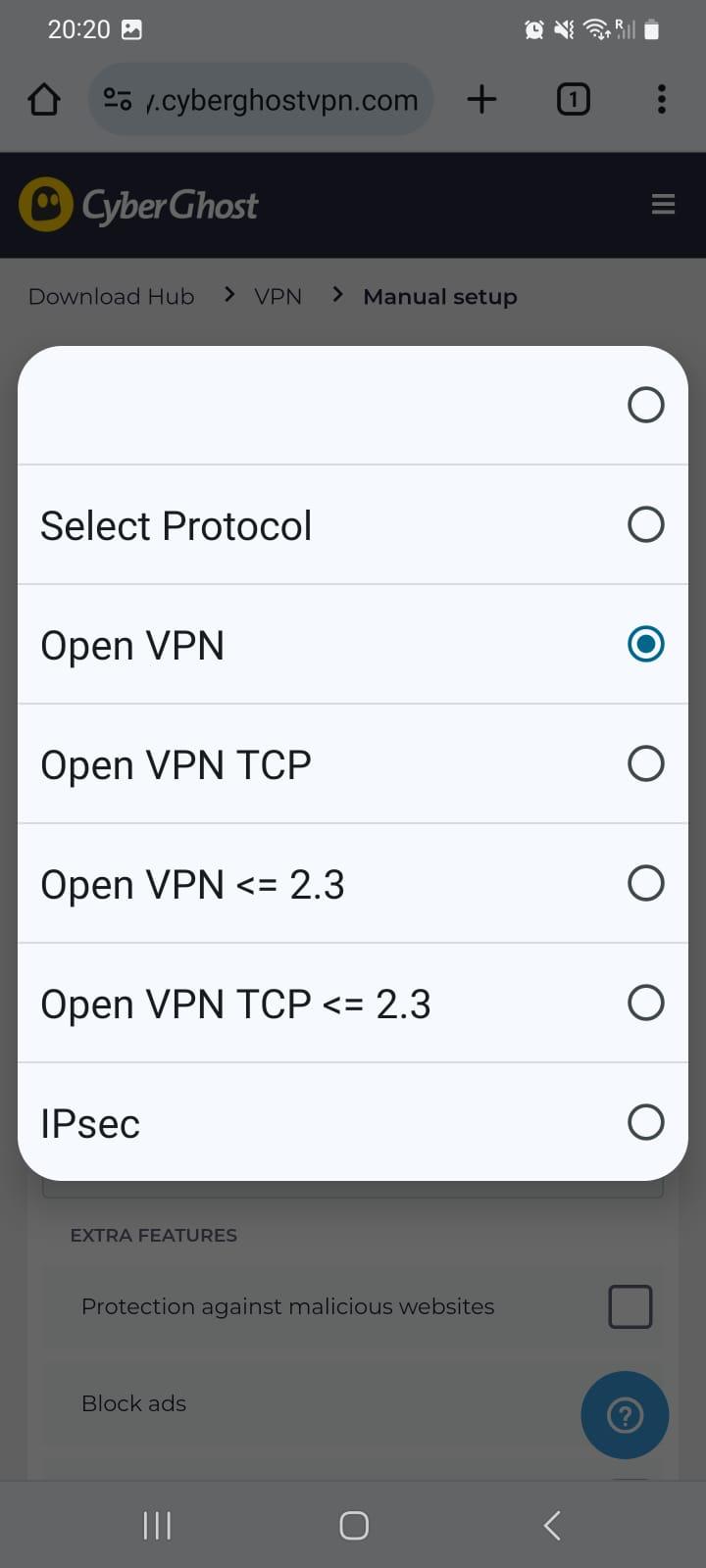CyberGhost VPN's manual setup page - select protocol.