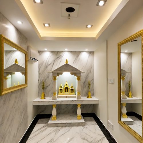 Stylish and serene puja room interior design that blends tradition with modernity.