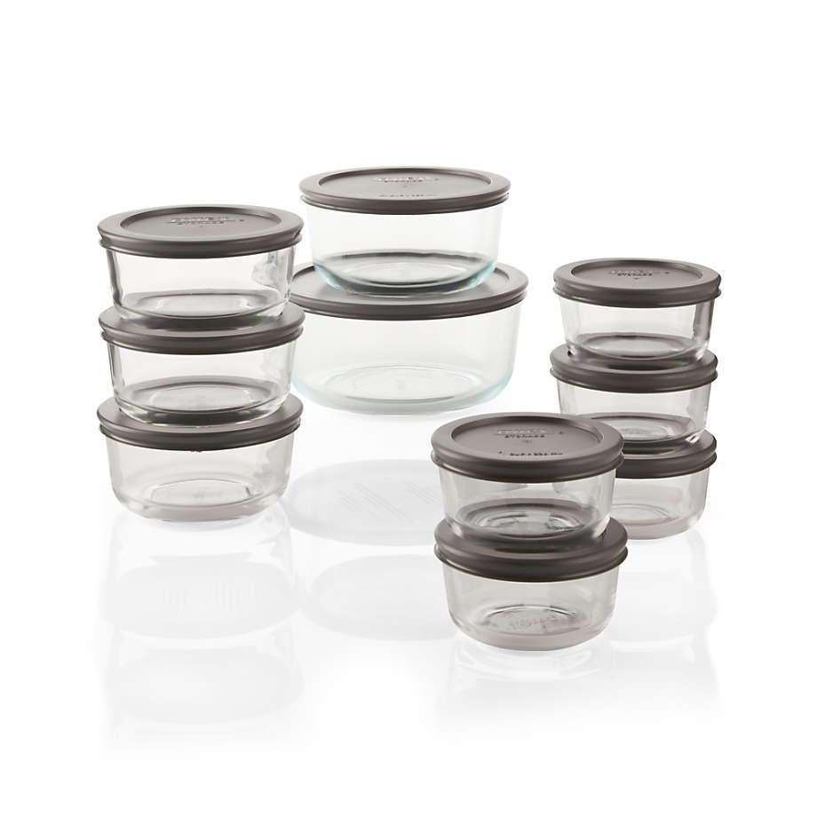 Crate & Barrel Pyrex 20-Piece Glass Food Storage Set with BPA-free plastic lids, offering versatile, microwave and dishwasher-safe storage.