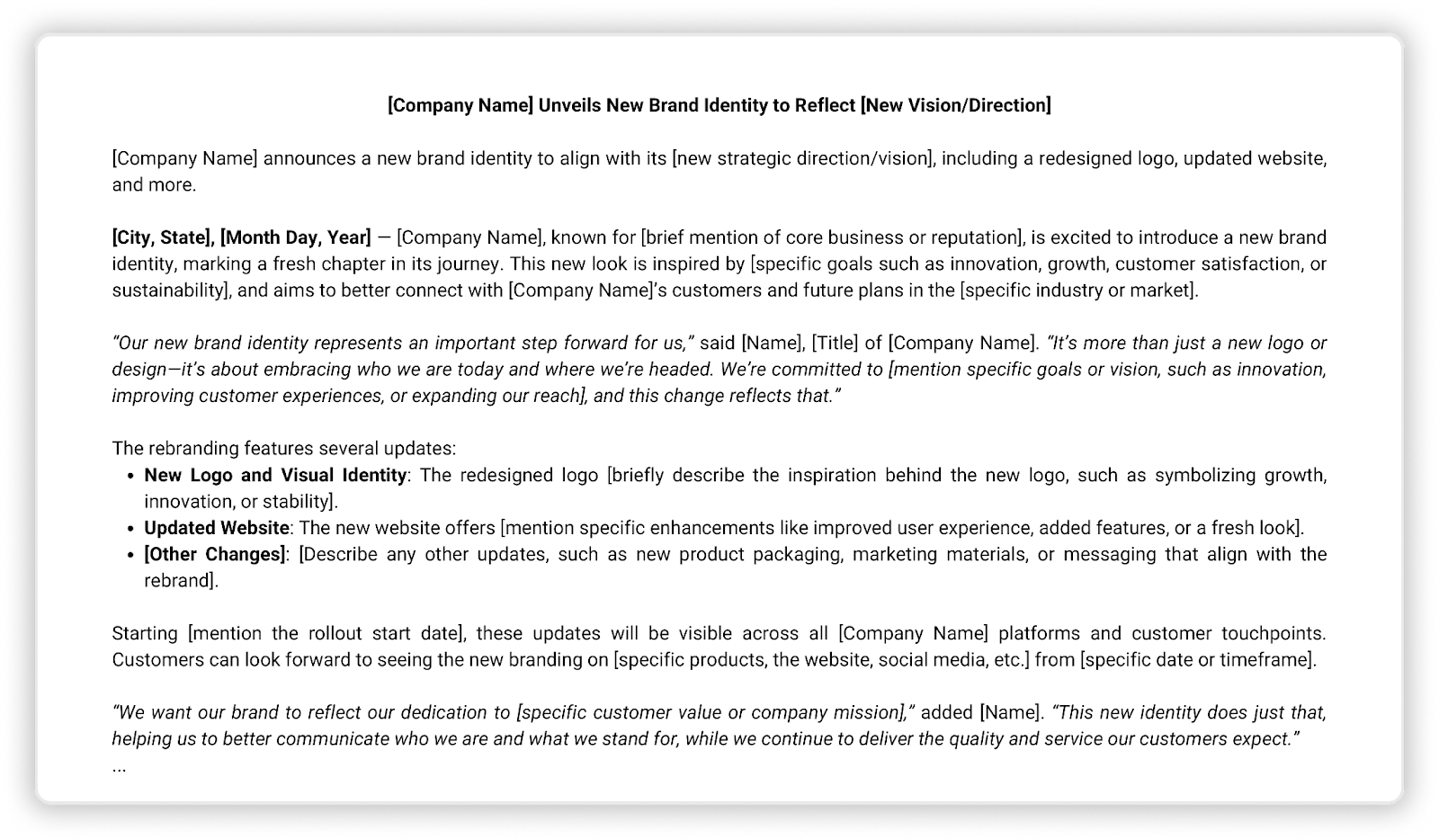 Screenshot of Rebranding press release template.