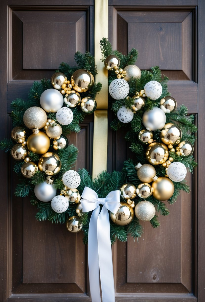 A gold and white themed wreath adorned with ornaments and ribbons hangs on a rustic wooden door