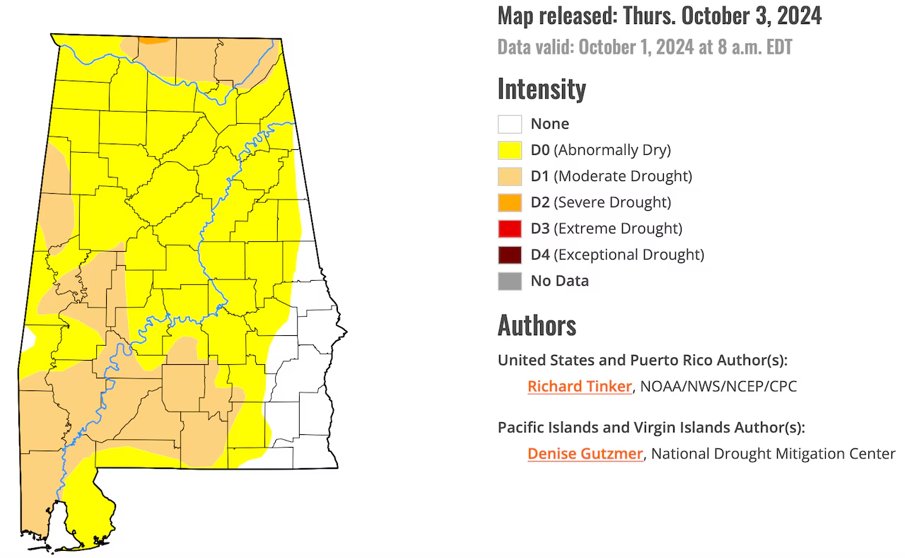 A U.S. Drought Monitor (USDM) map showing drought-affected areas across Alabama