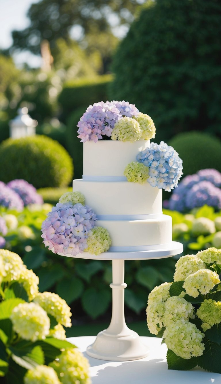 An elegant wedding cake adorned with hydrangeas, surrounded by a lush garden landscape of 23 hydrangea landscaping ideas