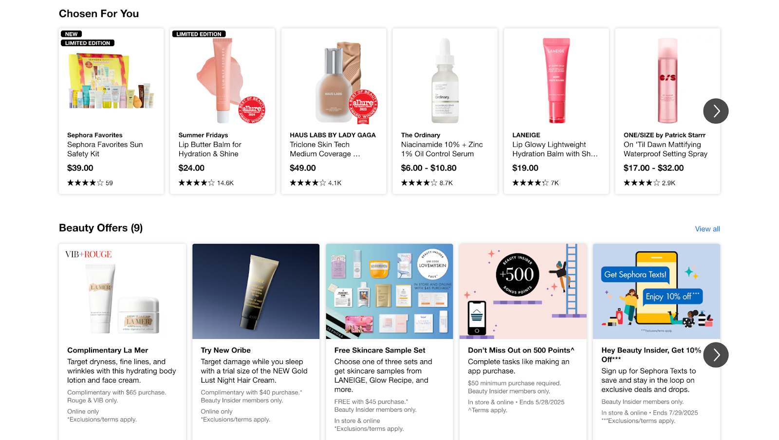 Sephora's homepage with "Chosen For You" and "Beauty Offers" collections.