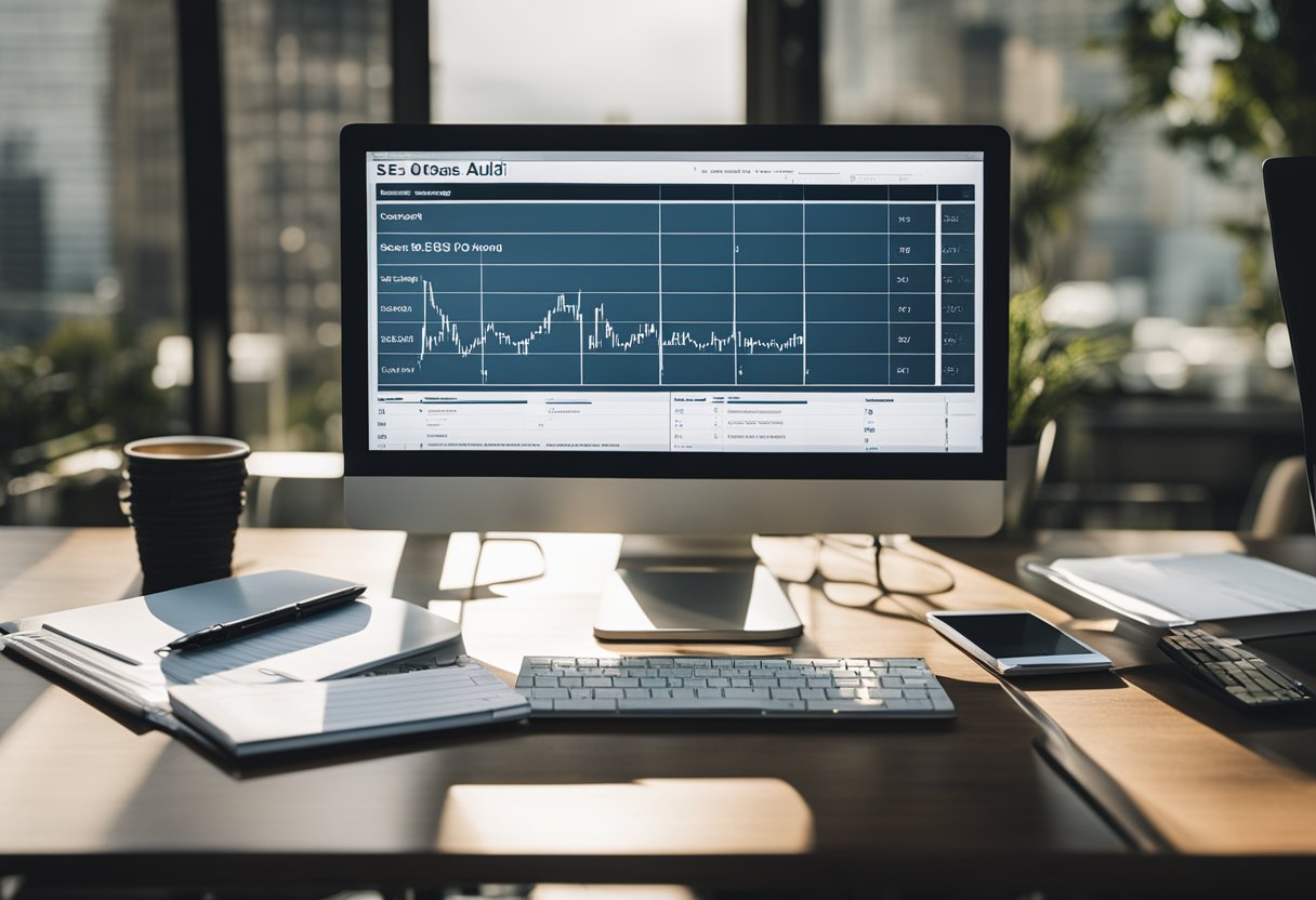 A desk with a laptop, notebook, and pen. A checklist of SEO audit items. Charts and graphs on the wall