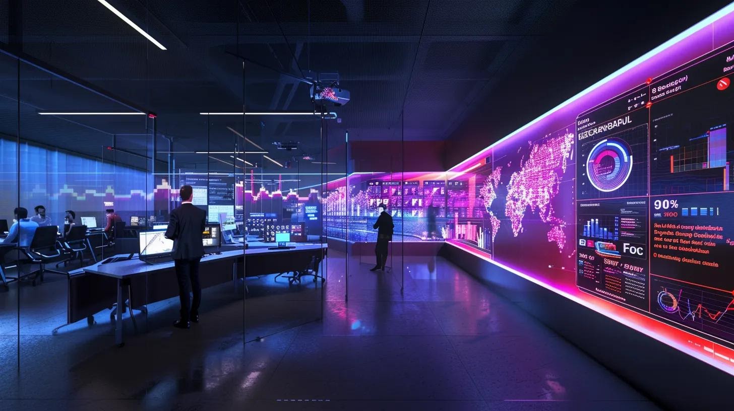 a modern office workspace features a digital dashboard displaying real-time data analytics and ai-driven insights, with a sleek laptop and diverse team members collaboratively strategizing their outreach plans amidst vibrant, dynamic visuals on large screens.