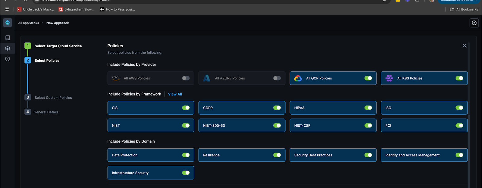 StackGen Policy Configuration page showing default policies selected. Other menu options include custom policies and general details. This screenshot shows the "Select Policies" step of an IaC workflow in StackGen, aligning policies with various security frameworks and cloud environments.