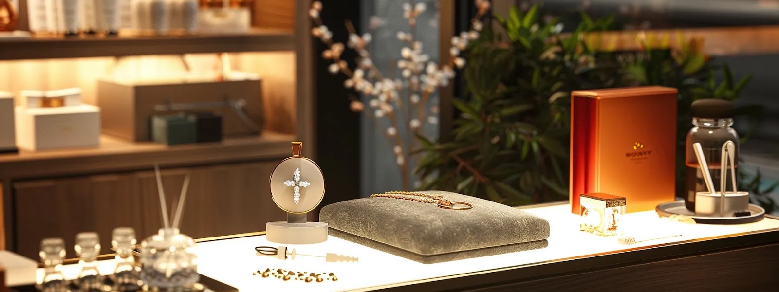 a well-lit, elegant display featuring a shining personalized religious pendant resting on a plush velvet cushion, surrounded by a selection of professional cleaning tools and care guides, set against a sleek, modern office backdrop.