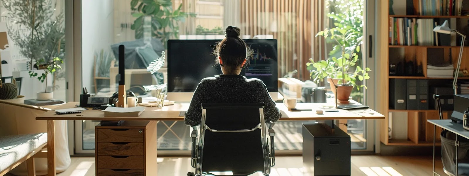 a person sitting at a sleek computer desk, using estate planning software to organize and manage assets efficiently.