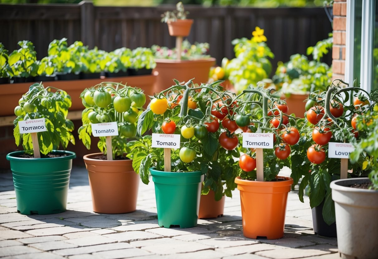 A sunny patio with various sized containers filled with healthy tomato plants, each labeled with the specific variety