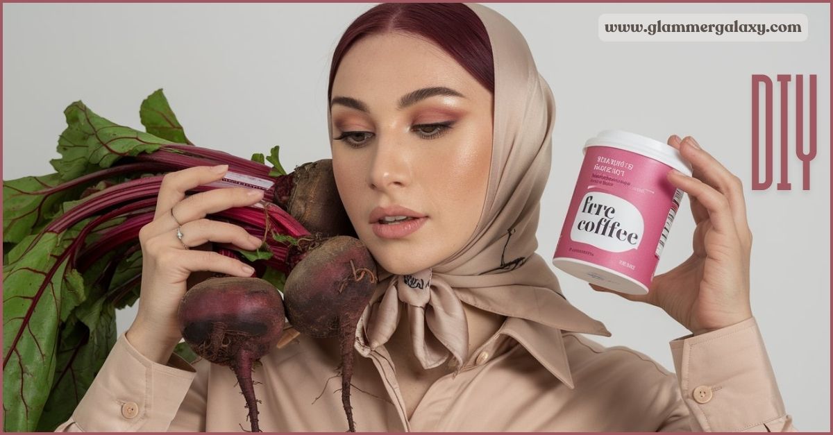 Person holding beets near face, jar labeled ‘fire coffee,’ text about burgundy hair makeup recipes.