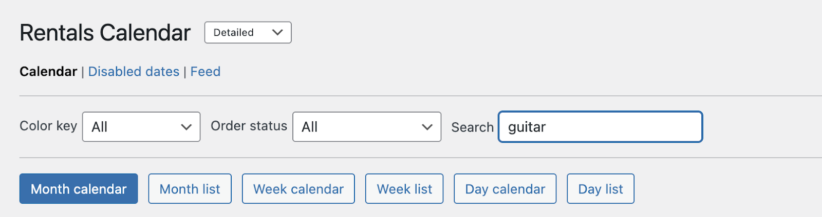 The search field of the Dashboard Calendar page of the Rental Products for WooCommerce extension.