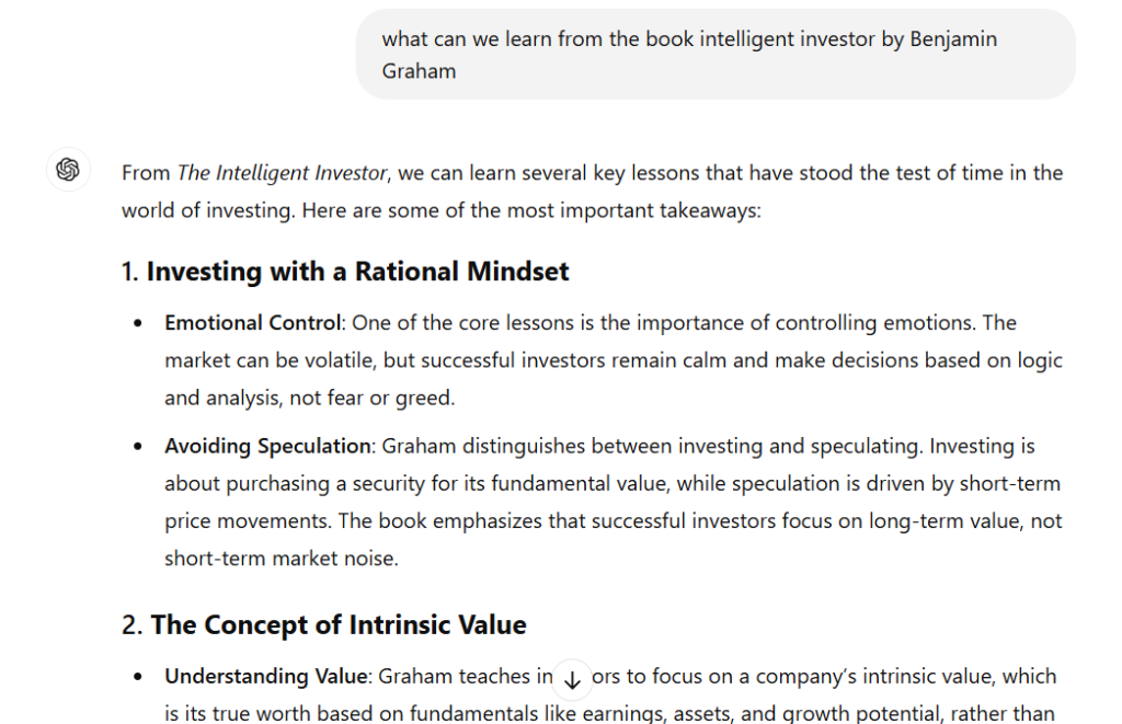 chatgpt response on what we can learn from Intelligent Investor by Benjamin Graham.