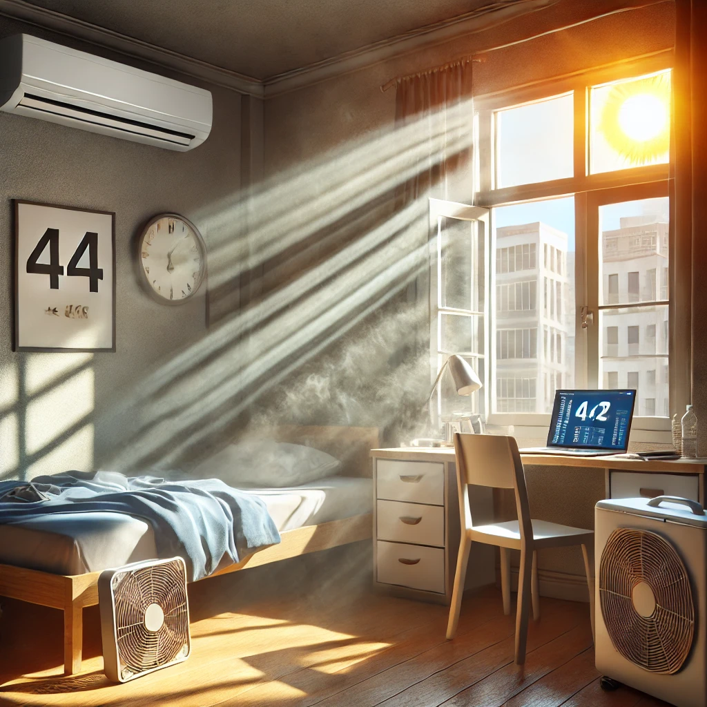 Small home office or dorm room with electronics and sun-exposed walls heating up, no cooling system in sight.
