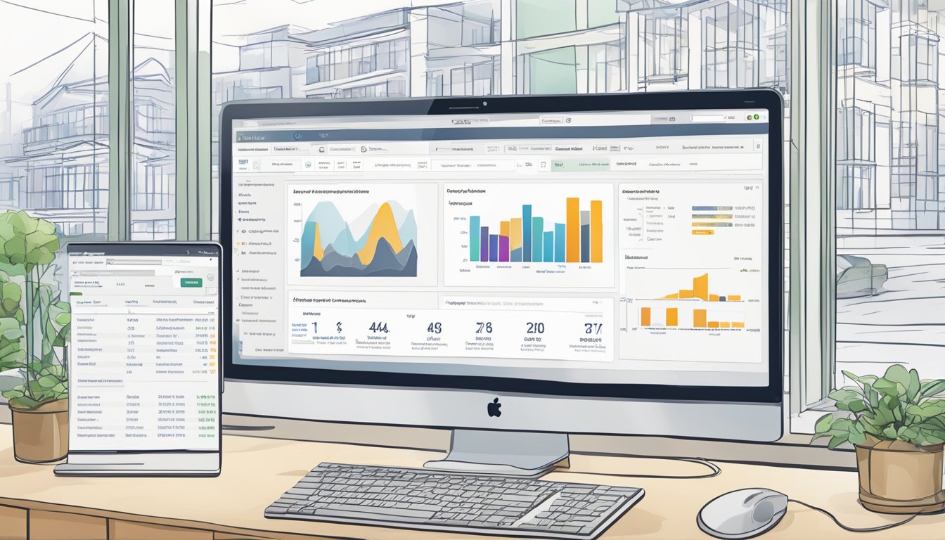 A computer screen displaying Amazon storefront. Mouse clicks "Add item" button. Data analytics charts show performance