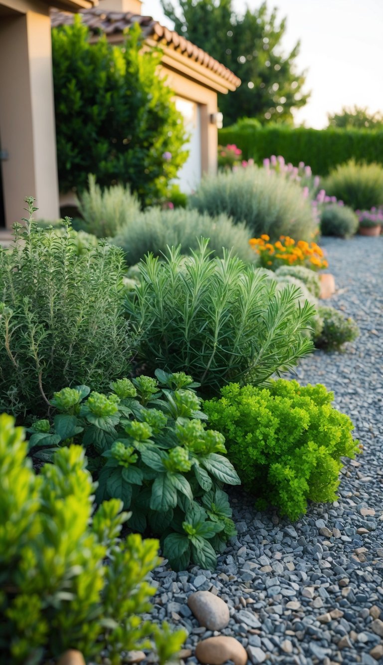 A front yard filled with aromatic Mediterranean herbs, surrounded by gravel and drought-tolerant plants, under the warm sun