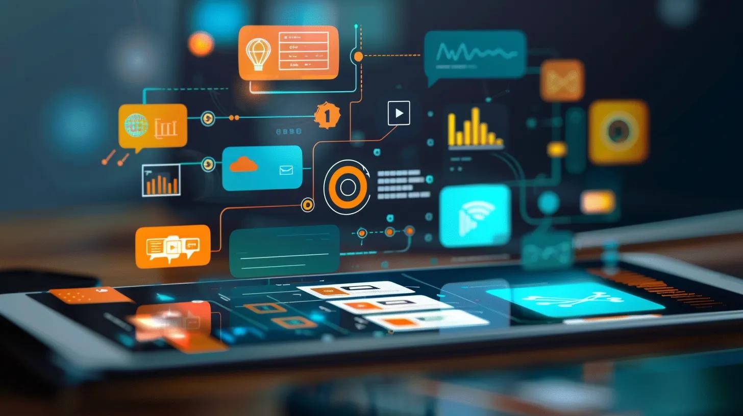 A stylized feature checklist on a touchscreen interface, with icons representing CRM integration, lead tracking, AI recommendations, task automation, and analytics—minimalist and modern layout.