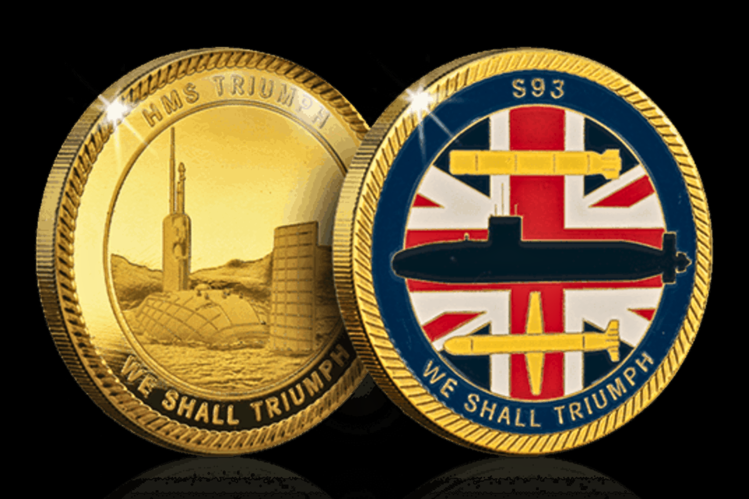 Picture of a Royal Navy HMS Triumph challenge coin.