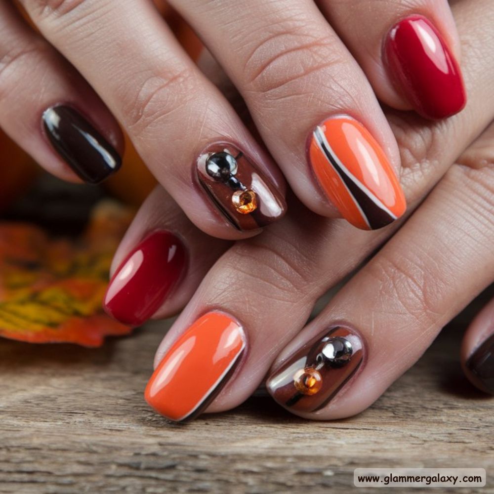 Classy Fall Nails having Dark Nails with Gem Accents