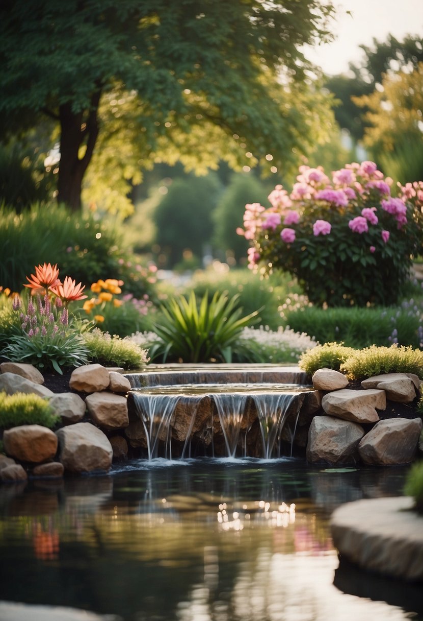 A front yard with a variety of water features, including a fountain, pond, and waterfall surrounded by lush landscaping and colorful flowers