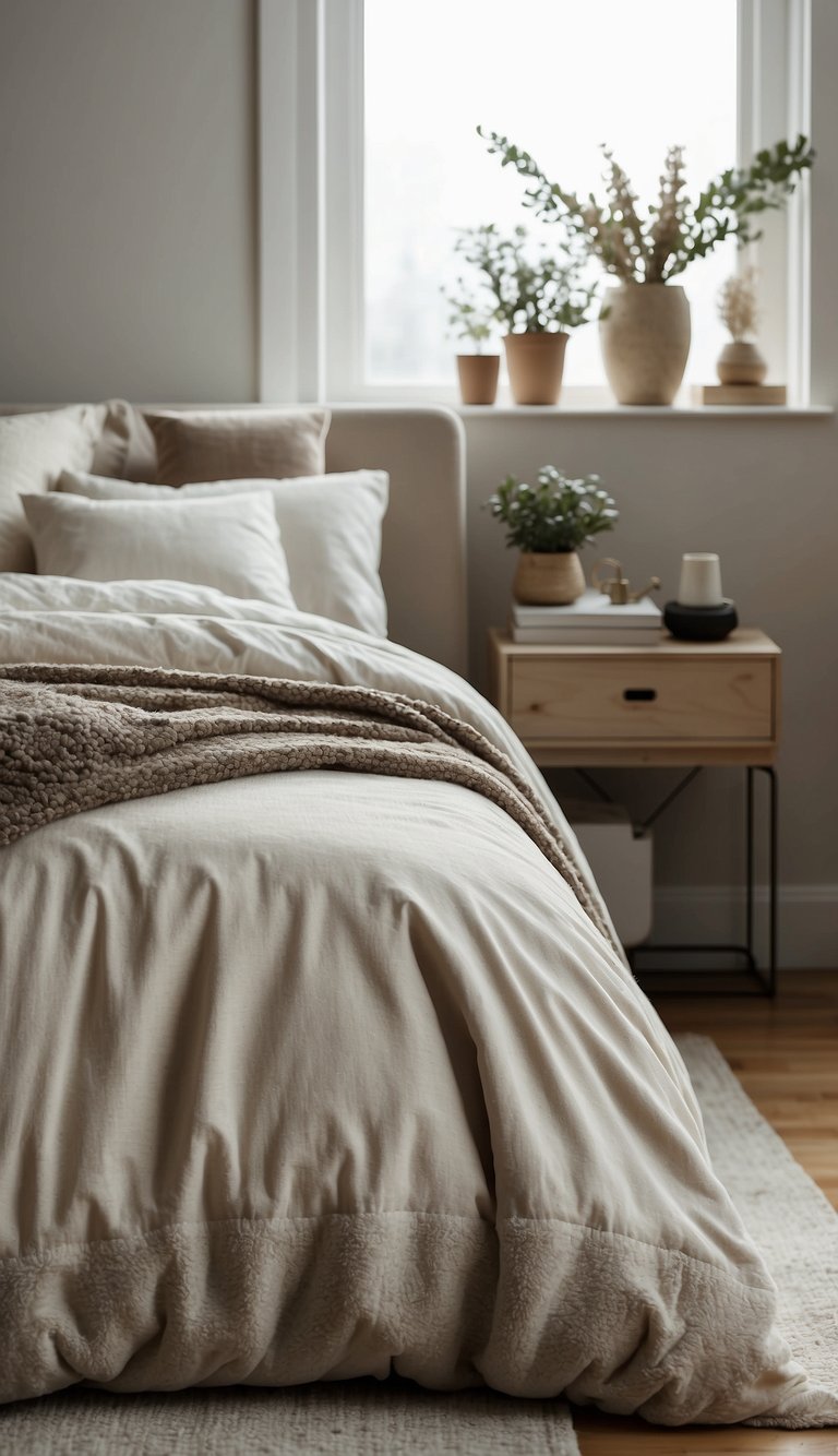 A serene bedroom with neutral paint colors. Soft, earthy tones create a calming atmosphere. Minimalist decor and cozy textures add warmth to the space