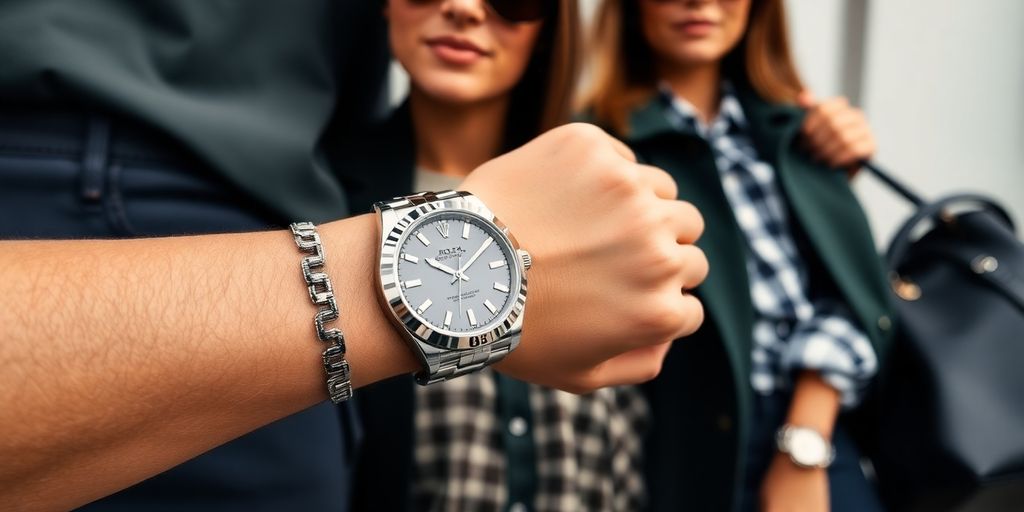 A Rolex watch styled with trendy outfits.